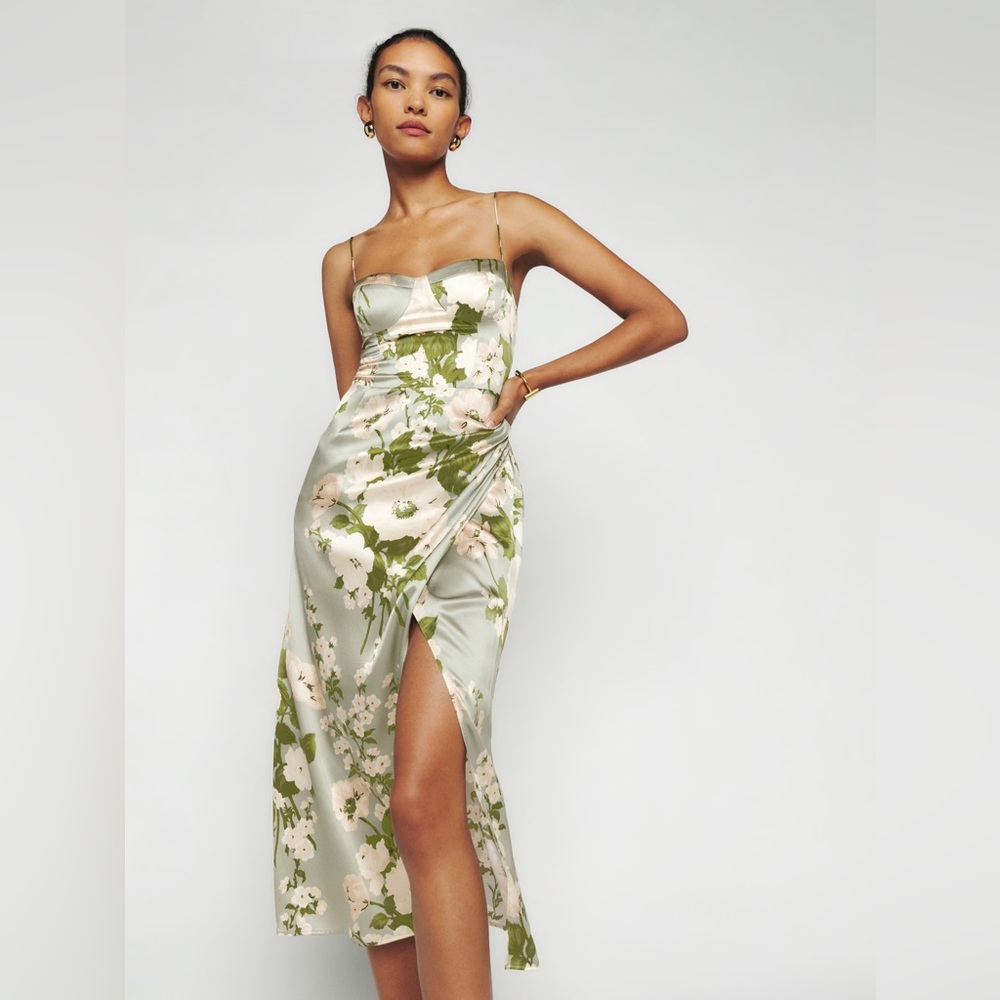 AUTHENTIC Reformation Marguerite Floral Green Sage Silk Dress